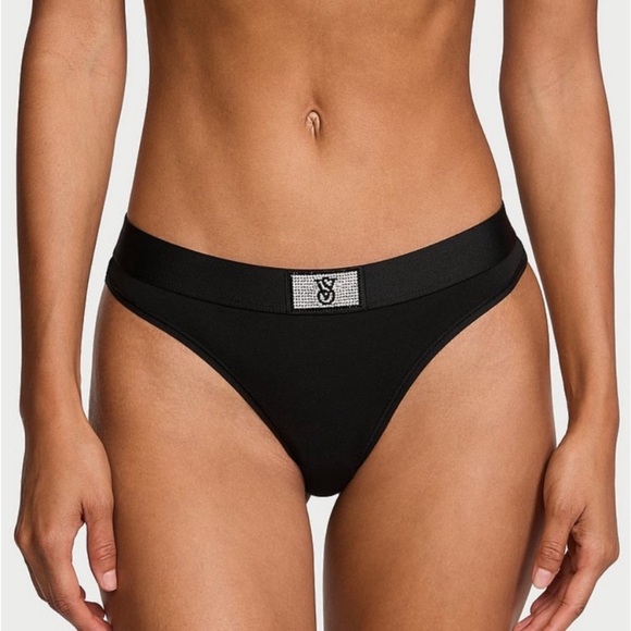 Victoria’s Secret Black Logo Shine Rhinestone Cotton Thong Panty NEW Size Small - Picture 7 of 9